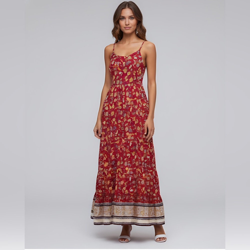 LAST ONE 🔥 Red Boho Floral Print Ruffle Hem Cami Dress